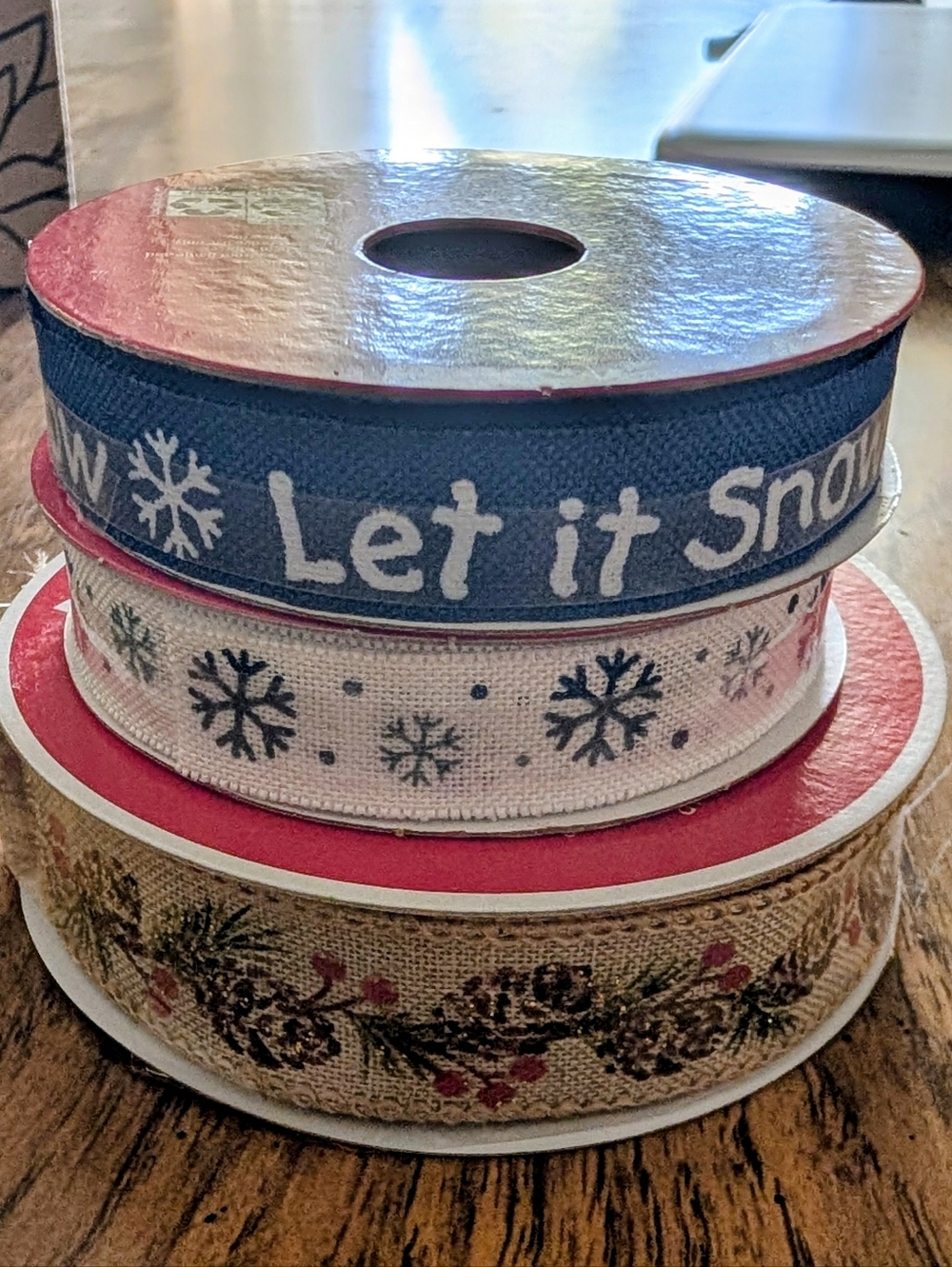 Christmas Wire Ribbon, Let It Snow, And Snowflakes New Spool